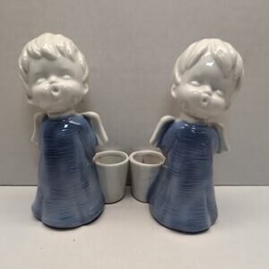 Set of 2 Vintage Blue Angel Candlestick Holders Sanmyro Japan Choir Singing Boy